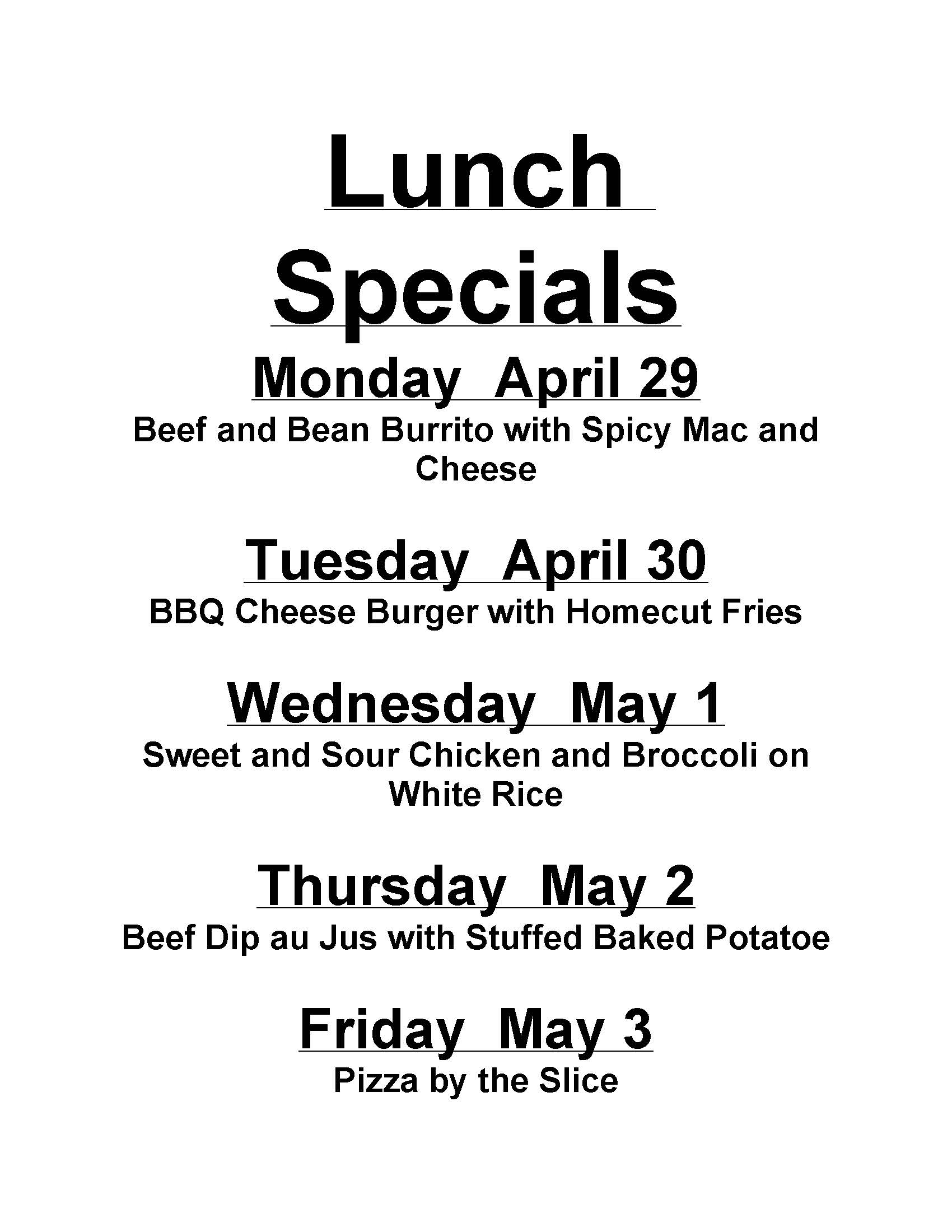 Lunch Specials April 29 - May 3 | F.P. Walshe School